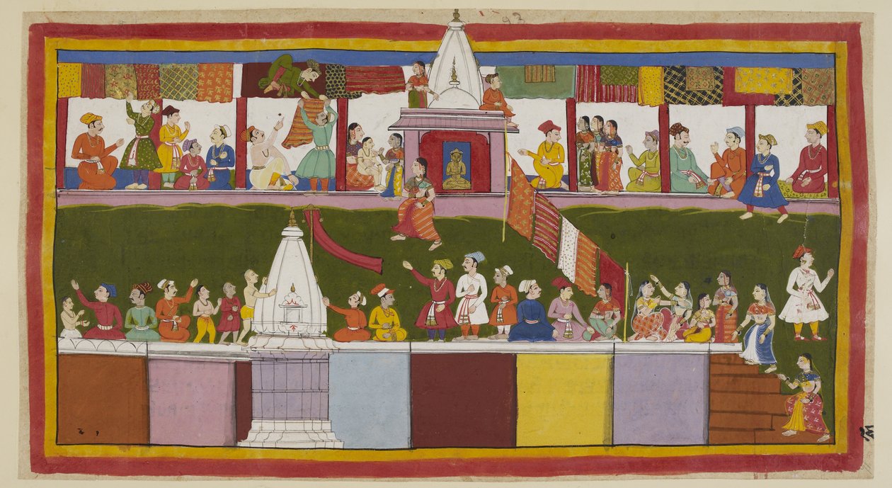 Dodaj 15296 (1) f.16r, Na głównej ulicy miasta Ayodhya podekscytowani kupcy ozdabiają swoje sklepy najlepszymi brokatami, podczas gdy ludzie wspinają się na szczyty domów i na świątynie, aby zabezpieczyć najlepszy widok na proces koronacyjny autorstwa Indian School