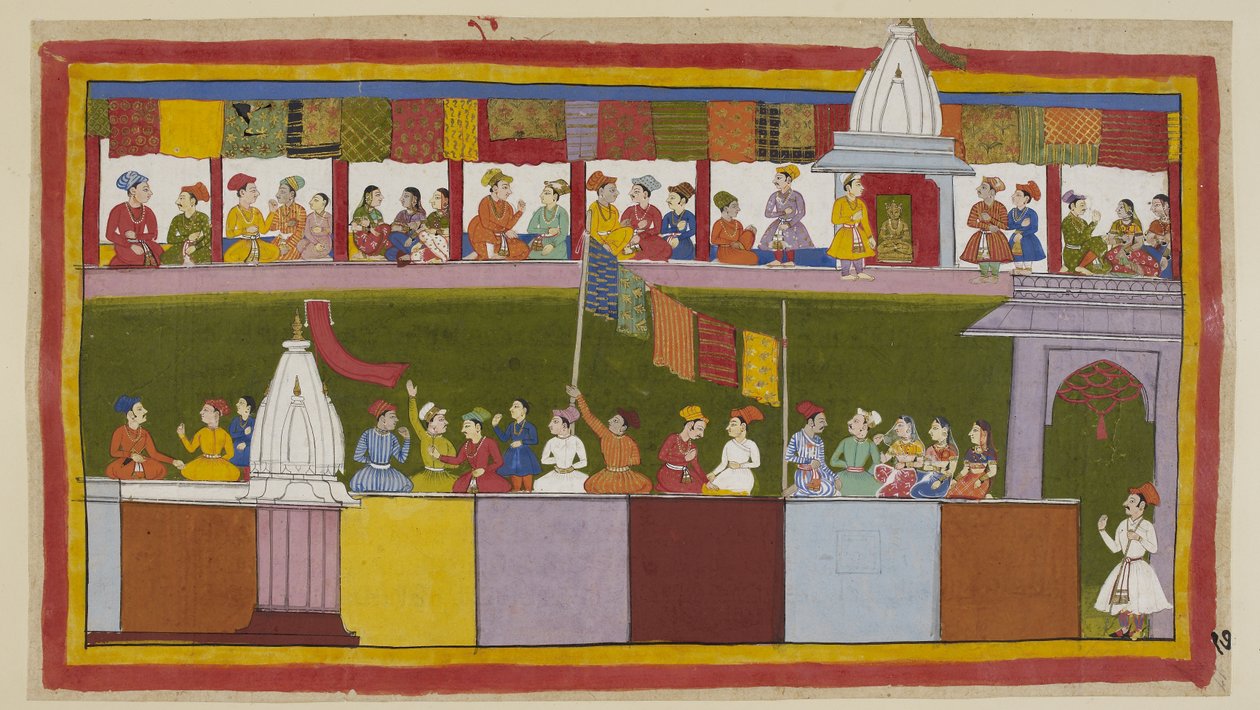 Dodaj 15296 (1) f.17r, Ta sama ulica w mieście Ajodhja jest teraz w pełni udekorowana, a ludzie czekają na procesję. Mówią sobie nawzajem, jak mądry jest król i jakie mają szczęście, że ich nowym obrońcą jest Rama. autorstwa Indian School