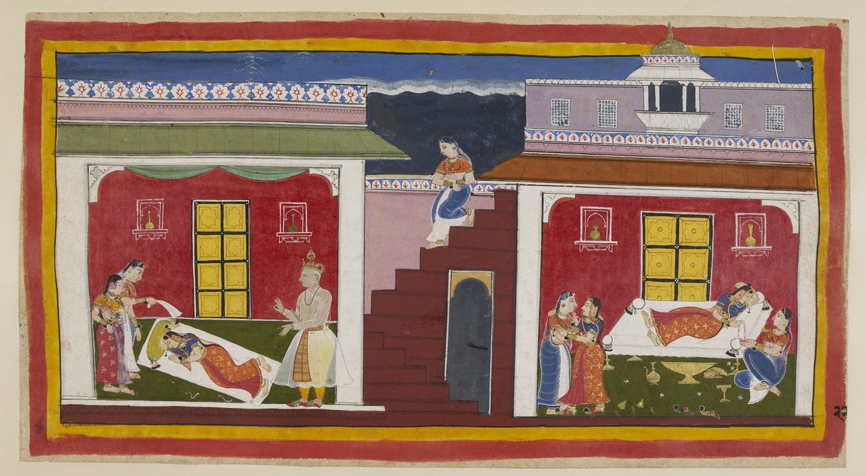 Dodaj 15296 (1) f.22r, Manthara schodzi z góry i wchodzi do sypialni Kajkeyi, po prawej, i budzi ją wiadomością o zbliżającej się koronacji. Kaikeyi jest najpierw przepełniona zachwytem i wstaje, przedstawia Manthara naszyjnik z jej ciała autorstwa Indian School