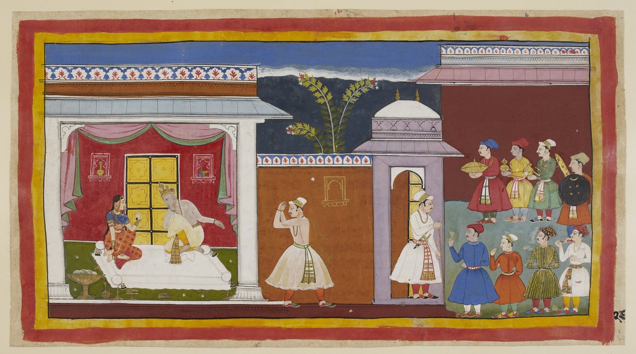 Dodaj 15296 (1) f.27r, Vasistha powiedział Sumantrze, aby powiedział królowi, że wszystko jest gotowe, a on informuje o tym Daśarathę. Kajkeji mówi mu, za cichą zgodą Daśaratha, by sprowadził Ramę. Przed wejściem do pałacu po prawej stronie, obywatele i in autorstwa Indian School