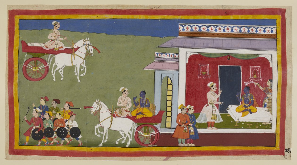 Dodaj 15296 (1) f.29r, Sumantra przybywa rydwanem do pałacu Ramy, zastaje go siedzącego na kanapie, teraz ubranego w żółte dhoti i uttaraiya, a nie w jego wcześniejszy współczesny kostium, i z Sitą machającą na nim szalikiem. Jego czoło jest namaszczone cz autorstwa Indian School