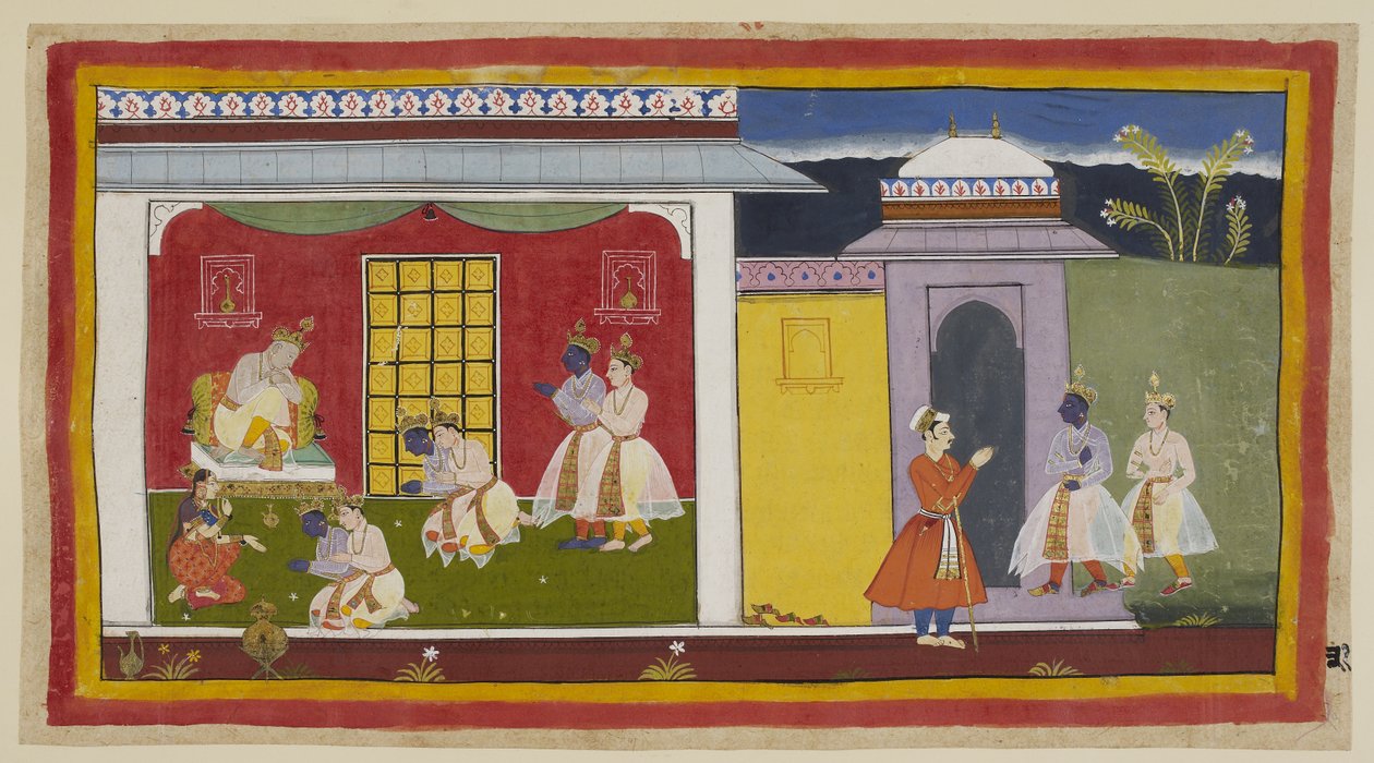 Dodaj 15296 (1) f.31r, Rama i Laksmana po prawej, z Ramą przebraną teraz we współczesny dworski strój, podejdź do bramy pałacu Kajkeyi i zostaw sandały przy drzwiach, wejdź do sali audiencyjnej. Z szacunkiem klękają przed deja autorstwa Indian School