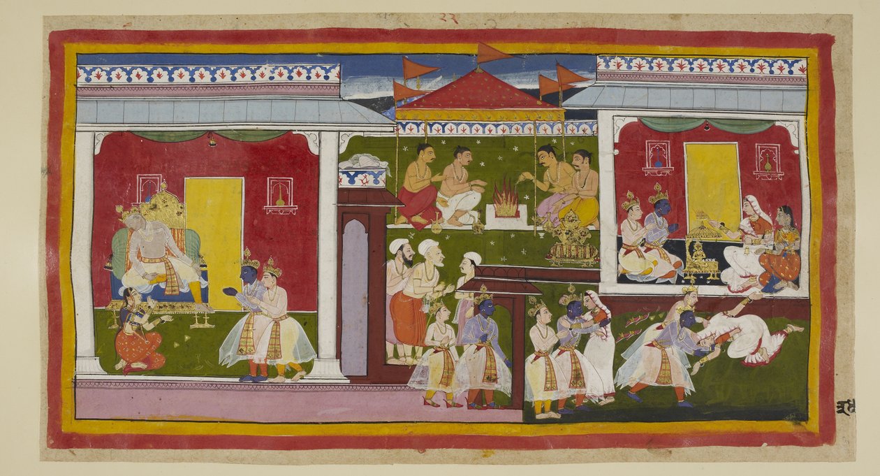 Dodaj 15296 (1) f.34r, Rama przyjmuje swoje wygnanie z doskonałym spokojem, a on i Laksmana żegnają się z Kaikeyi i Dasarathą, którzy ze spuszczoną głową i odwróconym wzrokiem nie mogą zmusić się, by spojrzeć na swojego syna. On i Laksmana opuszczają pałac autorstwa Indian School