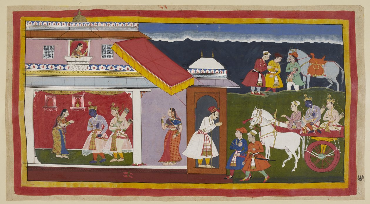 Dodaj 15296 (1) f.41r, Namówiwszy w końcu matkę i brata, by spokojnie zaakceptowali swój los, Rama i Laksmana wracają do swojego pałacu w rydwanie, głowa Ramy pochyliła się w jego zwyczajowej pokorze. Spotykają ich Sita, która jako pierwsza wyśledziła go z autorstwa Indian School