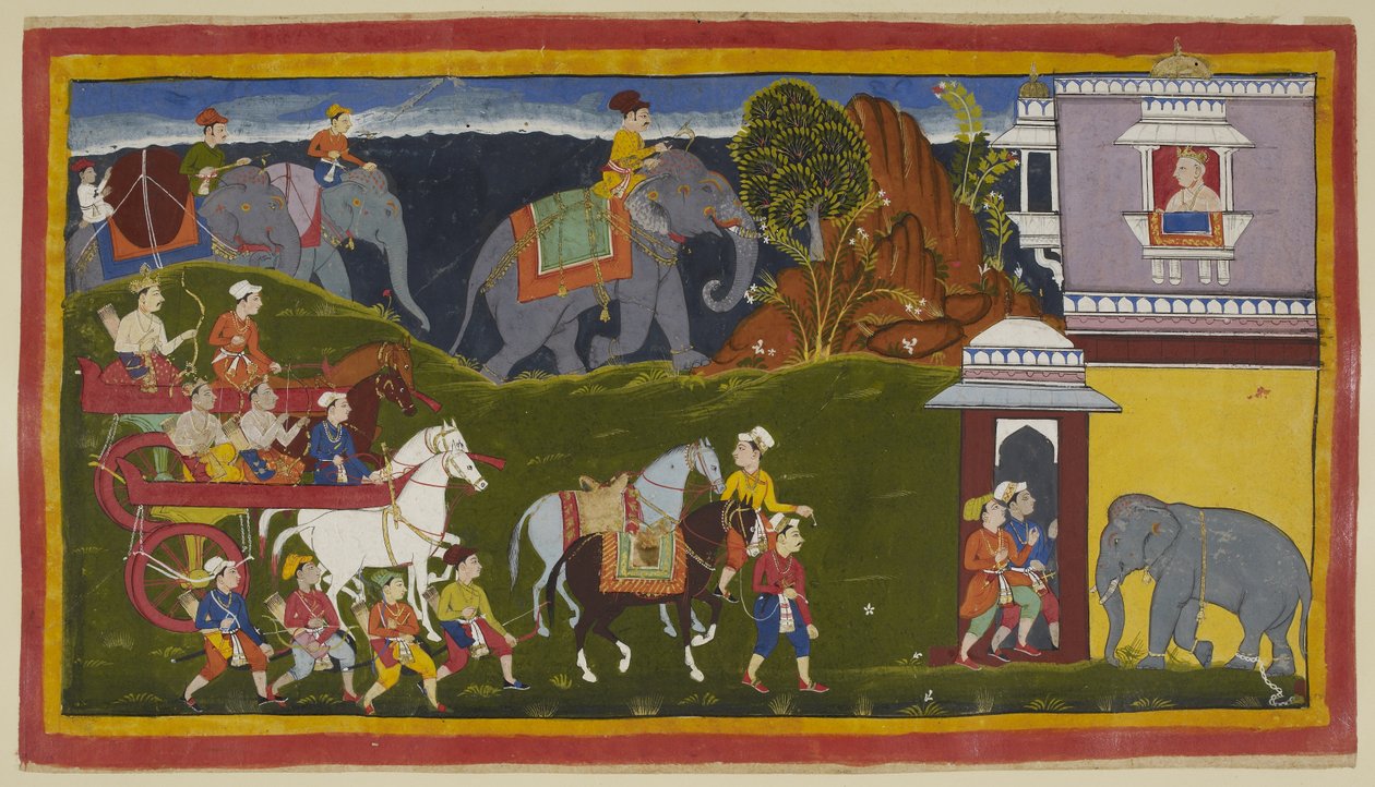 Dodaj 15296 (1) f.4r, Bharata, Shatrughna i ich wujek, wraz z służącymi i dwoma prowadzonymi końmi wierzchowymi, z załadowanymi słoniami za linią horyzontu, przybywają do pałacu króla Kekaya, dziadka Bharaty ze strony matki, który na nich czeka patrząc autorstwa Indian School