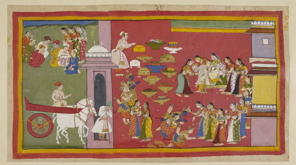 Dodaj 15296 (1) f.53r, Po prawej stronie, widząc swoich synów i Sitę odzianych w szaty z kory, Dasaratha traci przytomność i spada z tronu. Trzej wygnańcy klękają przed królowymi. Sita zostaje obejmowana przez Kausalja, która przypomina jej niepotrzebnie, autorstwa Indian School