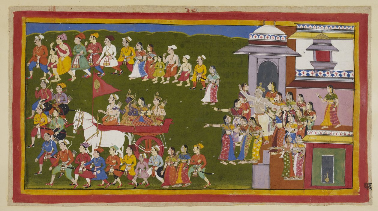 Dodaj 15296 (1) f.56r, Rama, jego żona i brat odjeżdżają rydwanem prowadzonym przez Sumantrę i są otoczeni przez pogrążonych w żałobie mieszkańców miasta, których łzy zasypują kurz unoszony przez jazdę rydwanem. Daśaratha spieszy ze swojego pałacu i przech autorstwa Indian School