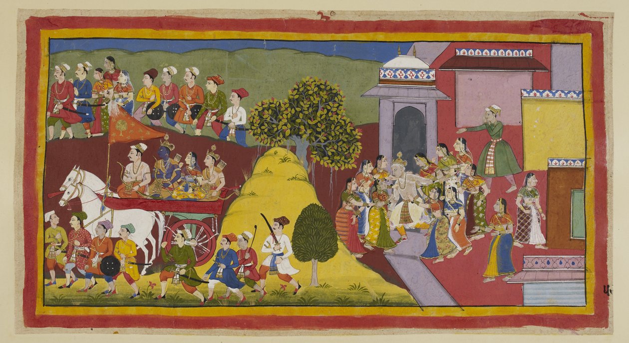 Dodaj 15296 (1) f.57r, Rama, nieznośnie zaniepokojony widokiem swoich sędziwych rodziców biegnących rozpaczliwie za rydwanem, nalegał na woźnicę. Rydwan przejeżdża za wzgórzem, wciąż otoczonym przez mieszkańców miasta, podczas gdy Daśaratha, który biegł za autorstwa Indian School