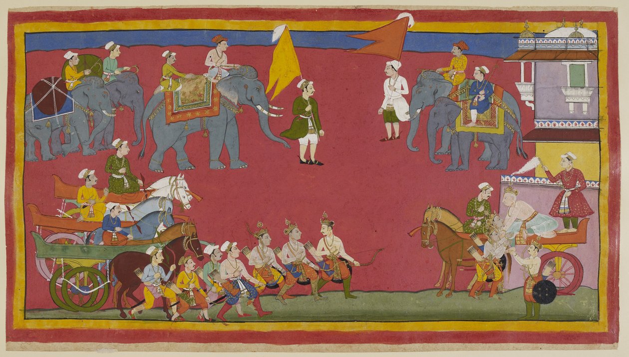 Dodaj 15296 (1) f.5r, Dwaj książęta i ich wuj zeszli z rydwanów i posuwają się z lewej strony, by powitać króla. Wychodzi z pałacu po prawej stronie w swoim rydwanie i pochyla się, by czule ich powitać. Słonie są w tle autorstwa Indian School