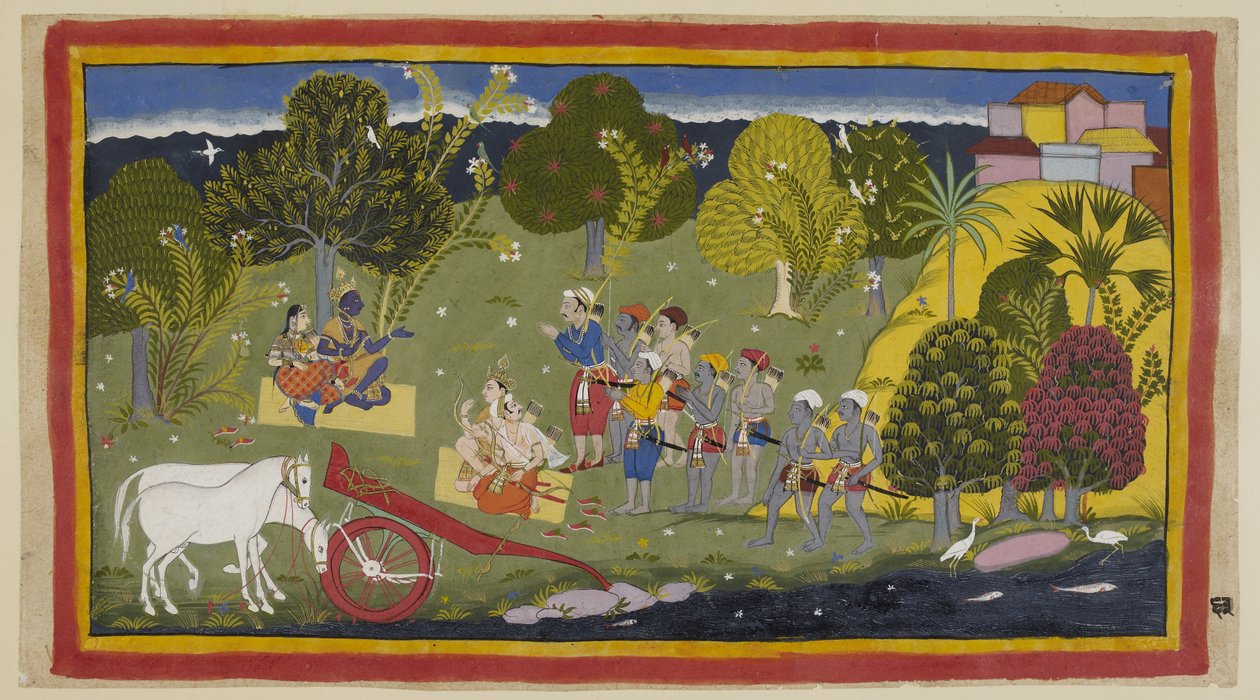 Dodaj 15296 (1) f.63r, Towarzysze dotarli do rzeki Ganga w Srngaverapura Rama i Sita siedzą na macie ze słomy pod drzewem, które ma być drzewem Ingudi, podczas gdy Laksmana i Sumantra siedzą podobnie naprzeciwko nich. Konie zostały unhar autorstwa Indian School