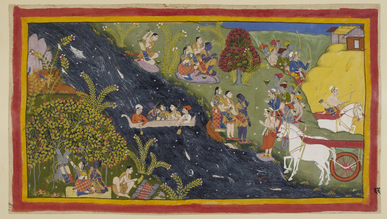 Dodaj 15296 (1) f.66r, Towarzysze dotarli do rzeki Ganges i Guha, wódz Nisady, przybył ich powitać wraz z niektórymi swymi ludźmi z pobliskiego miasta. Rama prosi go o dostarczenie łodzi, aby mogli przeprawić się przez rzekę. Mówi Sumantrze t autorstwa Indian School