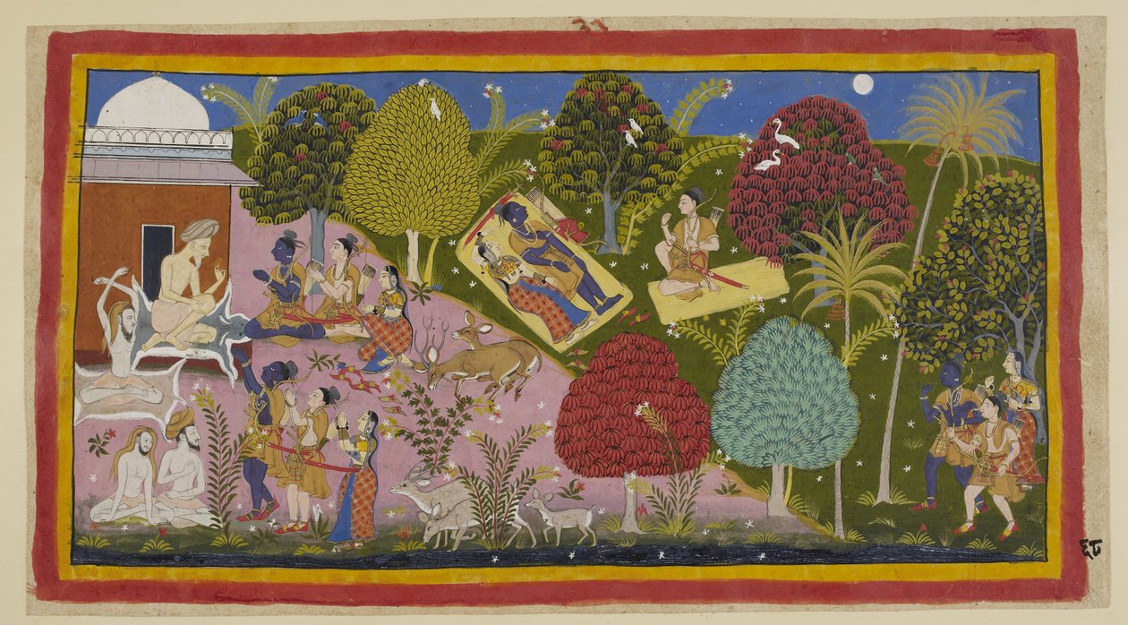Dodaj 15296 (1) f.68r, Na górze pośrodku cała trójka nocuje w lesie. Sita i Rama leżą na jednej macie z mieczem i łukiem obok niego, podczas gdy Laksmana siedzący na jego macie upomina Ramę za to, że ustąpił miejsca smutkowi. Na dole przechodzą do niej autorstwa Indian School