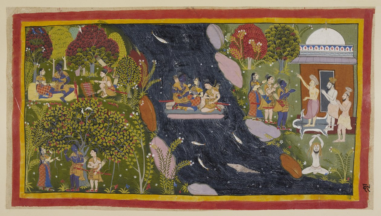 Dodaj 15296 (1) f.69r, Bharadvaja, po prawej w swojej pustelni, doradza podróżnikom drogę do Citrakuty. Pośrodku przekraczają Jamunę na zaimprowizowanej tratwie, a Sita ponownie modli się do bogini rzeki o bezpieczny powrót, a na autorstwa Indian School