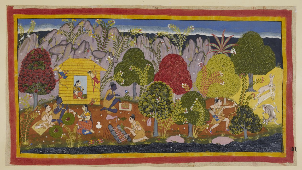 Dodaj 15296 (1) f.71r, Przed zamieszkaniem w chacie należy złożyć ofiary bóstwom przewodnim. Laksmana poluje na jelenie po prawej i wraca do chaty, aby je ugotować; Rama składa część tego jako ofiarę. Dwaj bracia jedzą, podczas gdy autorstwa Indian School
