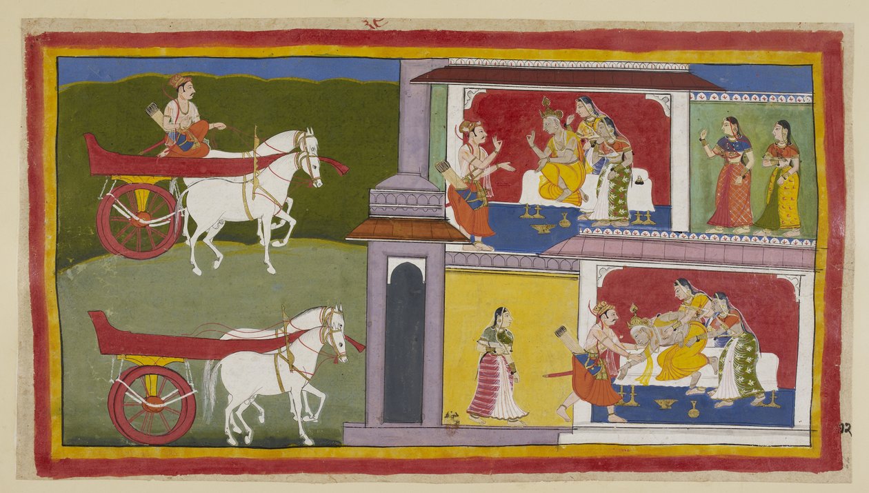 Dodaj 15296 (1) f.72r, Po lewej Sumantra wraca do Ajodhja i wchodzi do pałacu, aby przekazać ostatnią wiadomość Ramy królowi, który siedzi obok niego Kausalja i Sumitra. Król omdlewa i zostaje złapany przez Sumantrę i królowe. autorstwa Indian School