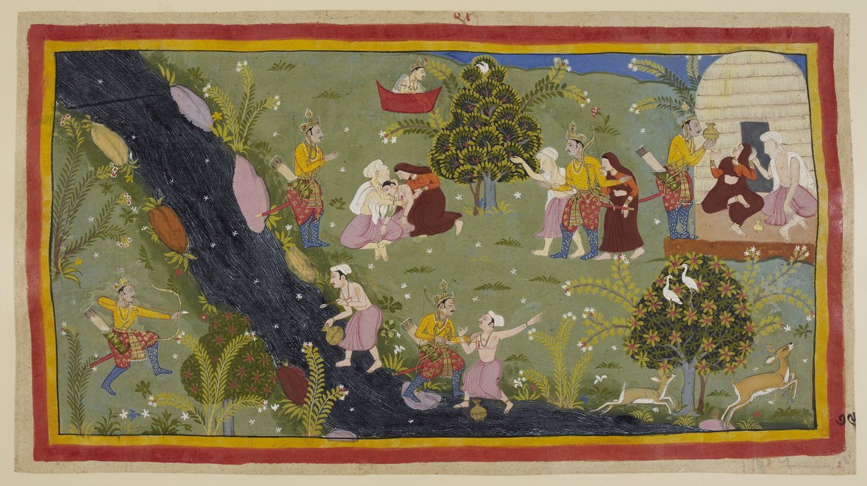 Dodaj 15296 (1) f.79r, Dasaratha opowiada królowym o incydencie w młodości, kiedy przypadkowo zabił syna mędrca podczas polowania. Po lewej Daśaratha omyłkowo celuje łukiem przez drzewa w młodzieńca, który po drugiej napełnia swój dzban z wodą. autorstwa Indian School