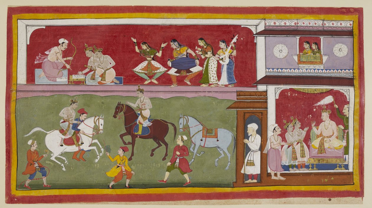 Dodaj 15296 (1) f.7r, Po prawej w pałacu książęta proszą króla o nauczycieli religii, sztuki i nauki, podczas gdy powyżej dwie panie przy wyłożonym dywanem oknie jharokha patrzą na nie po lewej, gdy ćwiczą jeździectwo na boisku. autorstwa Indian School