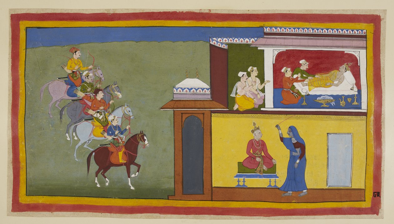 Dodaj 15296 (1) f.83r, Czterej posłańcy na koniach zbliżają się do miasta Kekaya, podczas gdy słudzy próbują obudzić Bharatę, który miał niepokojące sny o swoim ojcu. W jednym z nich, pokazanym poniżej, król ubrany skromnie i siedzący na żelazku (tu niebie autorstwa Indian School
