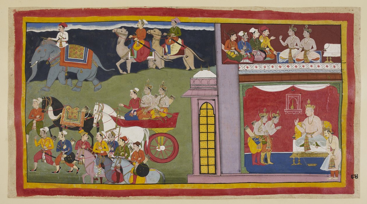 Dodaj 15296 (1) f.84r, Posłańcy w górnej komnacie mówią książętom, aby wrócili do Ajodhja. Na dole, w sali tronowej, ubrani na podróż, książęta żegnają się z królem Kaikeyi i jego synem Yudhajitem. Siedzą w rydwanie z m autorstwa Indian School