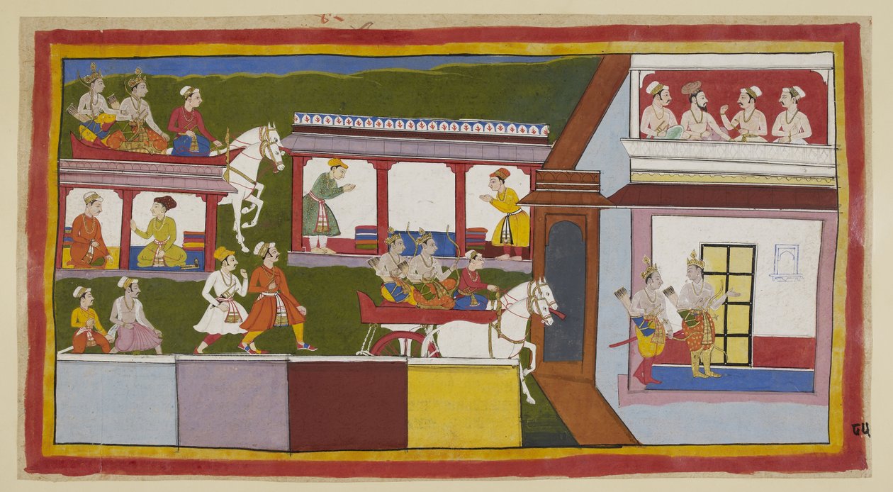 Dodaj 15296 (1) f.85r, Książęta w swoich rydwanach przejeżdżają główną ulicą Ayodhya, zastanawiając się nad zmianą miasta, odkąd je opuścili, a następnie wchodzą do pałacu pytającymi gestami. W górnym pokoju zbierają się bramin i trzech ministrów autorstwa Indian School