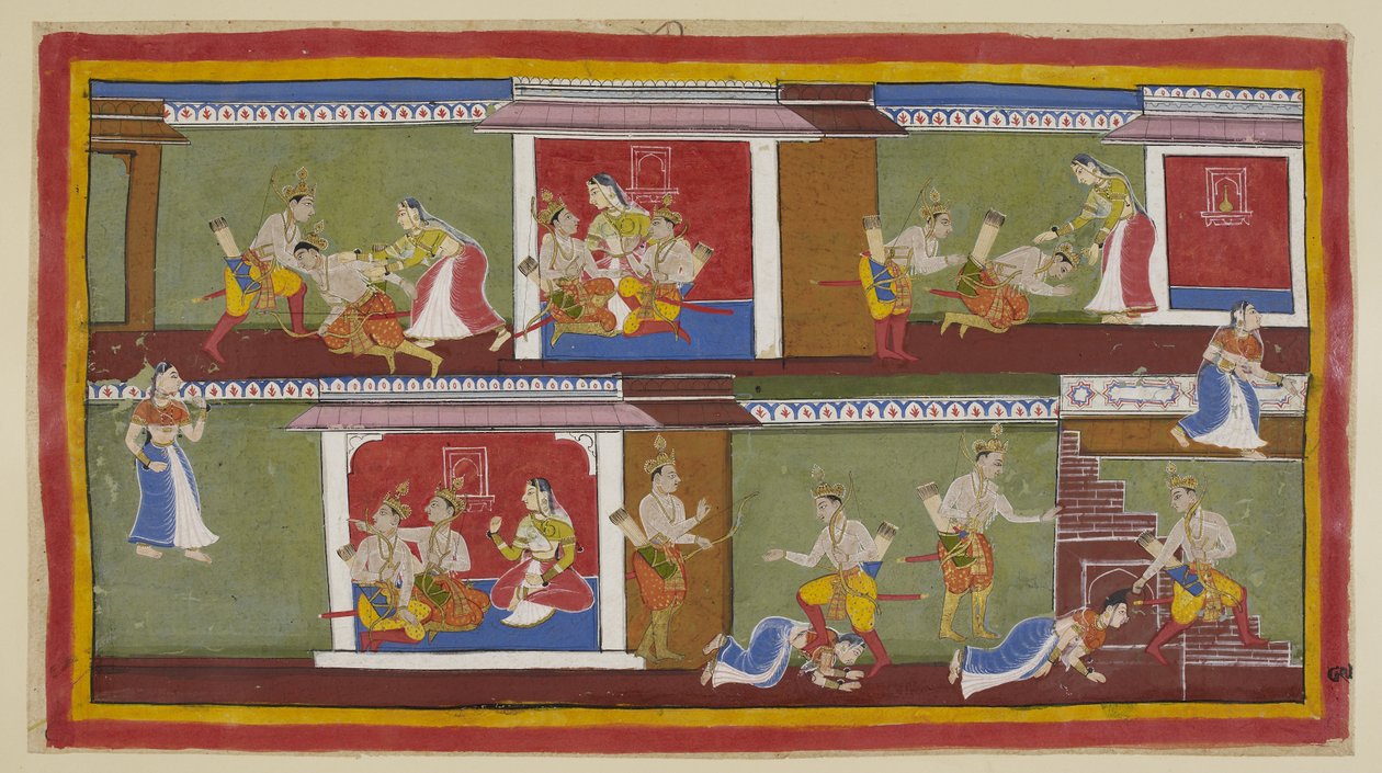 Dodaj 15296 (1) f.89r, U góry po prawej Bharata i Shatrughna witają Kajkeji, która bierze ich na kolana i rozmawiają o ostatnich wydarzeniach. Bharata omdleje, gdy dowiaduje się o śmierci ojca i o tym, co zrobiła jego matka, aby go zabezpieczyć autorstwa Indian School