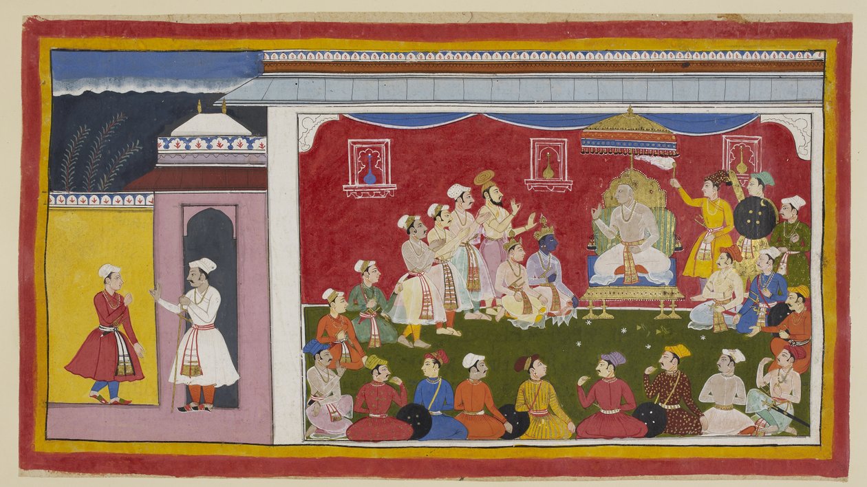 Dodaj 15296 (1) f.8r, Daśaratha siedzi na swoim tronie w pełnym durbarze, a Rama i Laksmana klęczą obok niego, podczas gdy posłaniec wysłany przez Bharatę z dworu jego dziadka opowiada królowi Sitae, jak pilnie studiują jego dwaj synowie. Pierścień c autorstwa Indian School