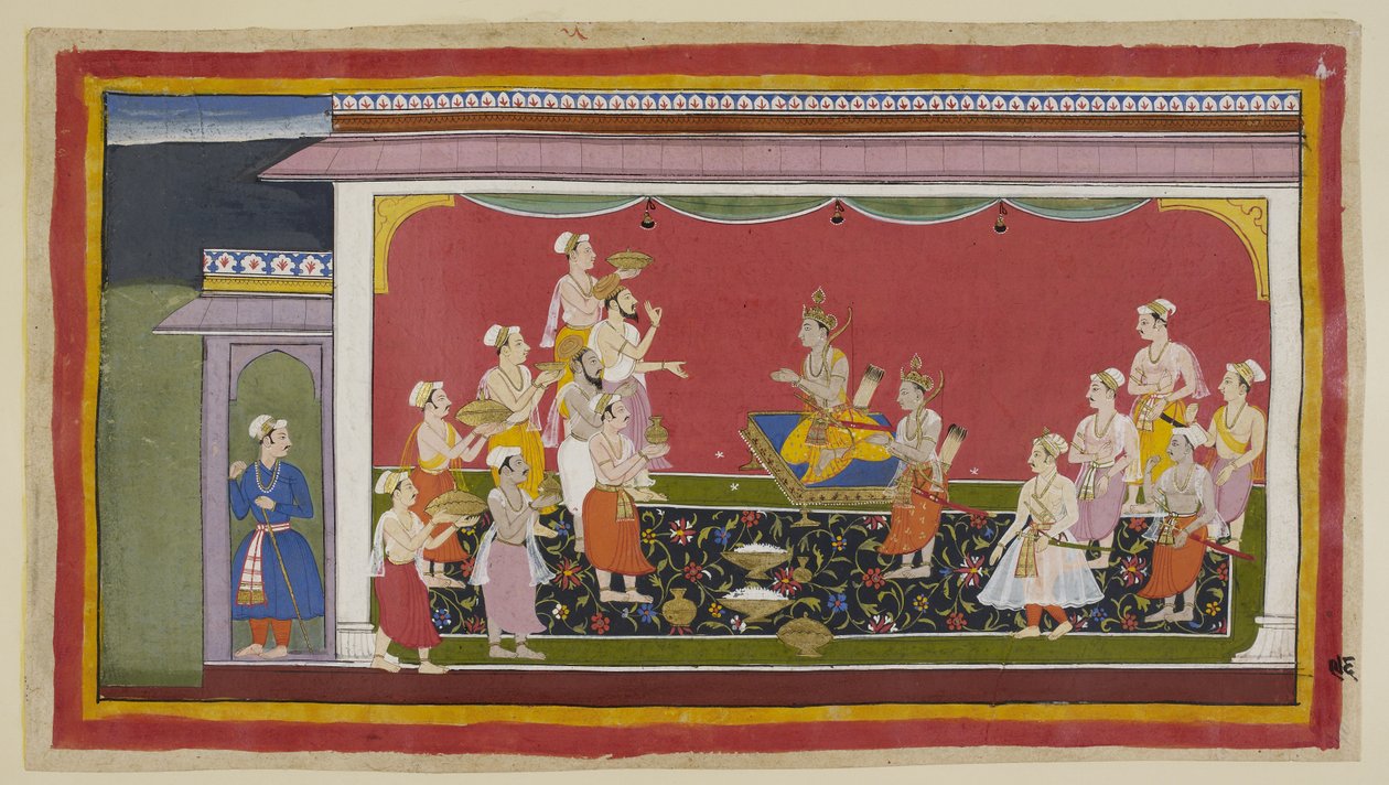 Dodaj 15296 (1) f.96r, Bharata i Shatrughna odprawili rytuały pogrzebowe swojego ojca, a czternaście dni później, po wyznaczonym okresie żałoby, kapłani na czele z Vasistha i ministrowie przynoszą niezbędne artykuły do koronacji do Bharaty w autorstwa Indian School
