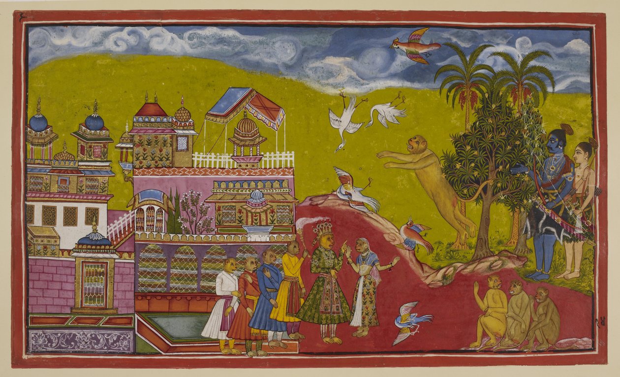 Dodaj 15296 (2) f.14r, Sugriva i jego sojusznicy przybyli do pałacu Bali w Kiskindha. Sugriva ryczy, wyzywając go tak, że przerażone ptaki spadają z nieba. Bali, jego królowa Tara i jego ministrowie pojawili się słysząc zgiełk. Cz autorstwa Indian School