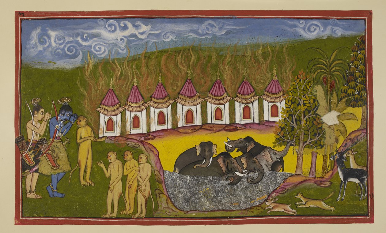 Dodaj 15296 (2) f.15r, Sugriva został pokonany i wyrzuca Ramie, że mu nie pomógł, ale Rama mówi mu, że nie był w stanie odróżnić go od brata. W drodze powrotnej do Kiskindha, aby wznowić wyzwanie, Rama i Laksmana pozdrawiają Saptajów autorstwa Indian School