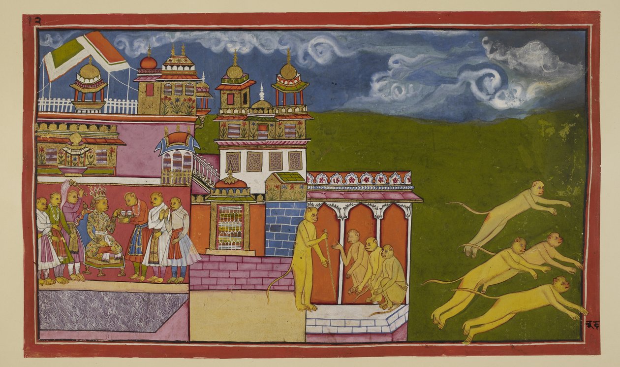 Dodaj 15296 (2) f.36r, W tej nieco nie na miejscu ilustracji Sugriva siedzący na tronie, przyjmujący napój od sługi, otrzymał od Hanumana radę, by ułagodzić gniew Laksmany. Sugriva, za namową Hanumana, wysłał posłańców, by wezwali jego autorstwa Indian School