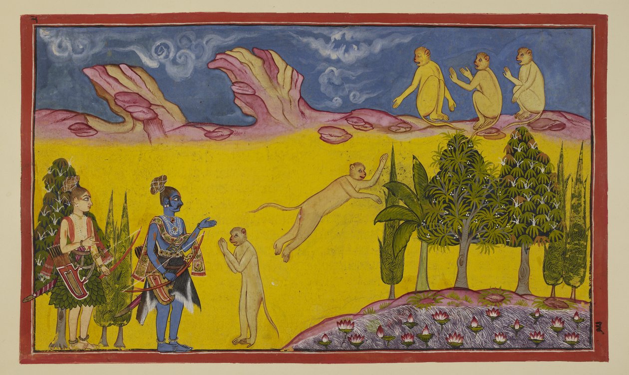 Dodaj 15296 (2) f.3r, Sugriva jest początkowo przerażony, myśląc, że ci uzbrojeni wojownicy zostali wysłani przez jego uzurpatora Bali, aby go zniszczyć. Wysyła swojego roztropnego ministra Hanumana, aby dowiedział się więcej o dwóch nieznajomych. Hanuman autorstwa Indian School