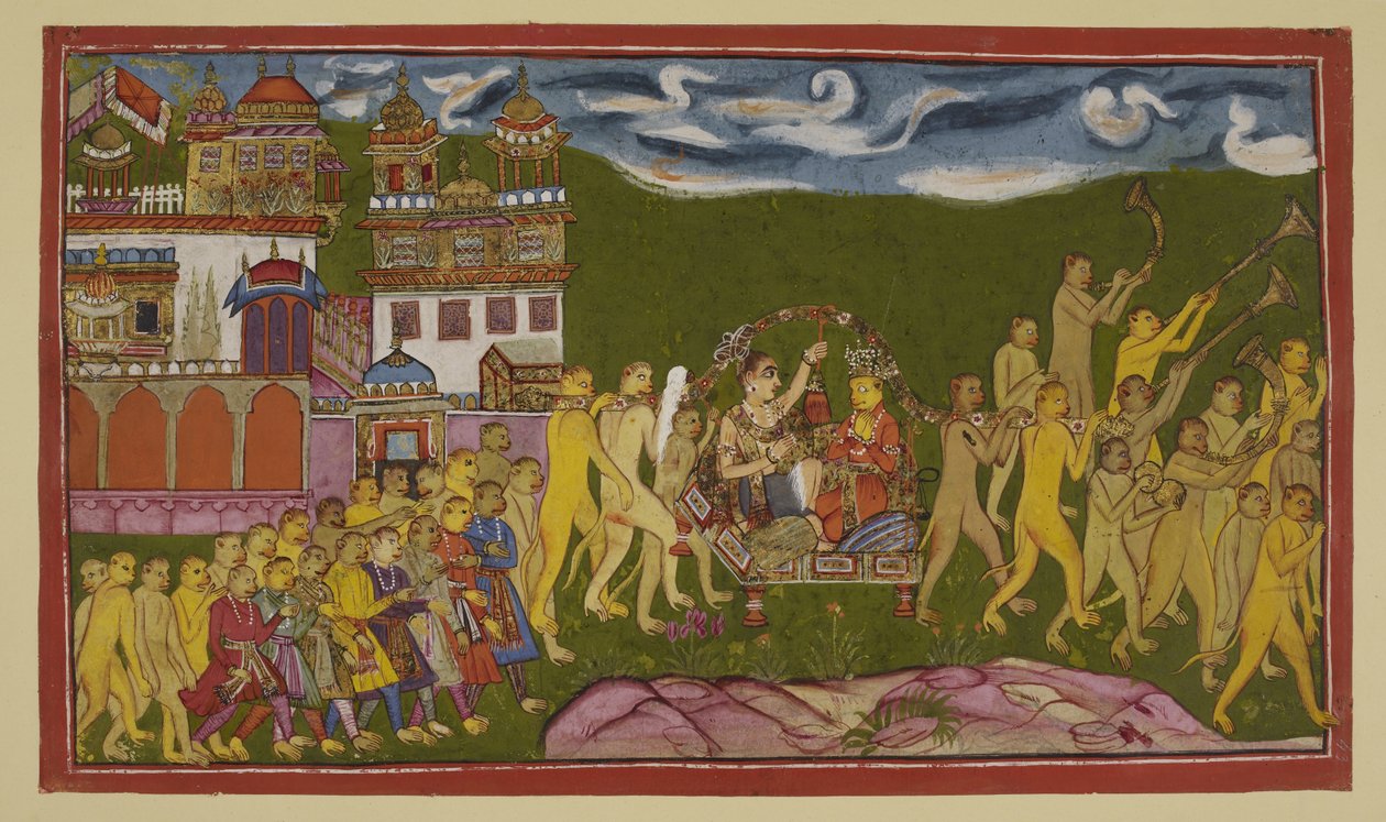 Dodaj 15296 (2) f.43r, Sugriva i Laksmana są przewożone w złotym miocie, niesionym przez małpy, z Kiskindha autorstwa Indian School