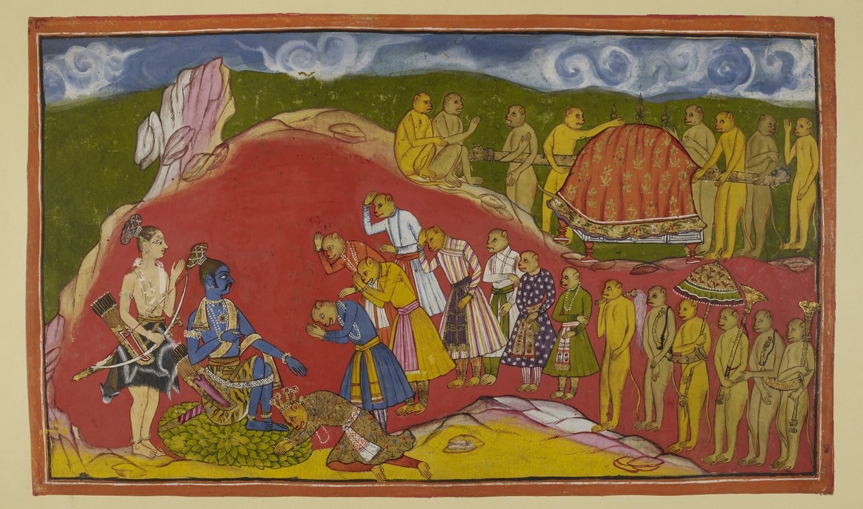 Dodaj 15296 (2) f.44r, Rama siedzący na siedzisku z płatków lotosu w swojej jaskini, z Laksmaną stojącym obok niego, jest zachwycony widząc ogromną armię małp, którą Sugriva przywiózł ze sobą. Sugriva pada do stóp Ramy, a małpi słudzy również szanują autorstwa Indian School