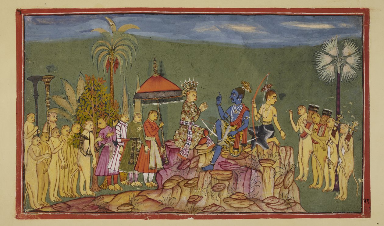 Dodaj 15296 (2) f.56r, Rama pyta Sugrivę, który wcześniej opisał cztery strony świata, jak poznał je tak dobrze. Sugriva mówi mu, że był ścigany przez cztery kwatery przez swojego brata Ba autorstwa Indian School