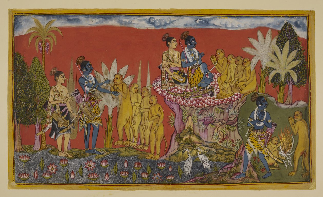 Dodaj 15296 (2) f.5r, Hanuman sprowadza teraz Ramę i Laksmanę do Sugrivy na górze. Rama i Sugriva ściskają dłonie na znak przysięgi przyjaźni, obserwowani przez Laksmanę i inne małpy; a potem, w podobnym duchu, obaj idą autorstwa Indian School