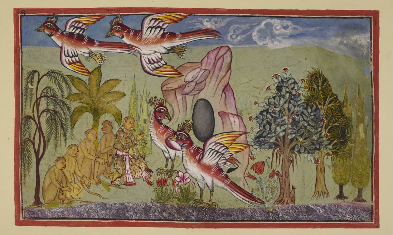 Dodaj 15296 (2) f.74r, skrzydła Sampatiego znów rosną, zgodnie z proroctwem, że zrobią to, gdy będzie służył światu, dowiadując się, dokąd została zabrana Sita, umożliwiając w ten sposób Ramie odzyskanie jej. Małpy wykrzykują z podziwem, jak autorstwa Indian School