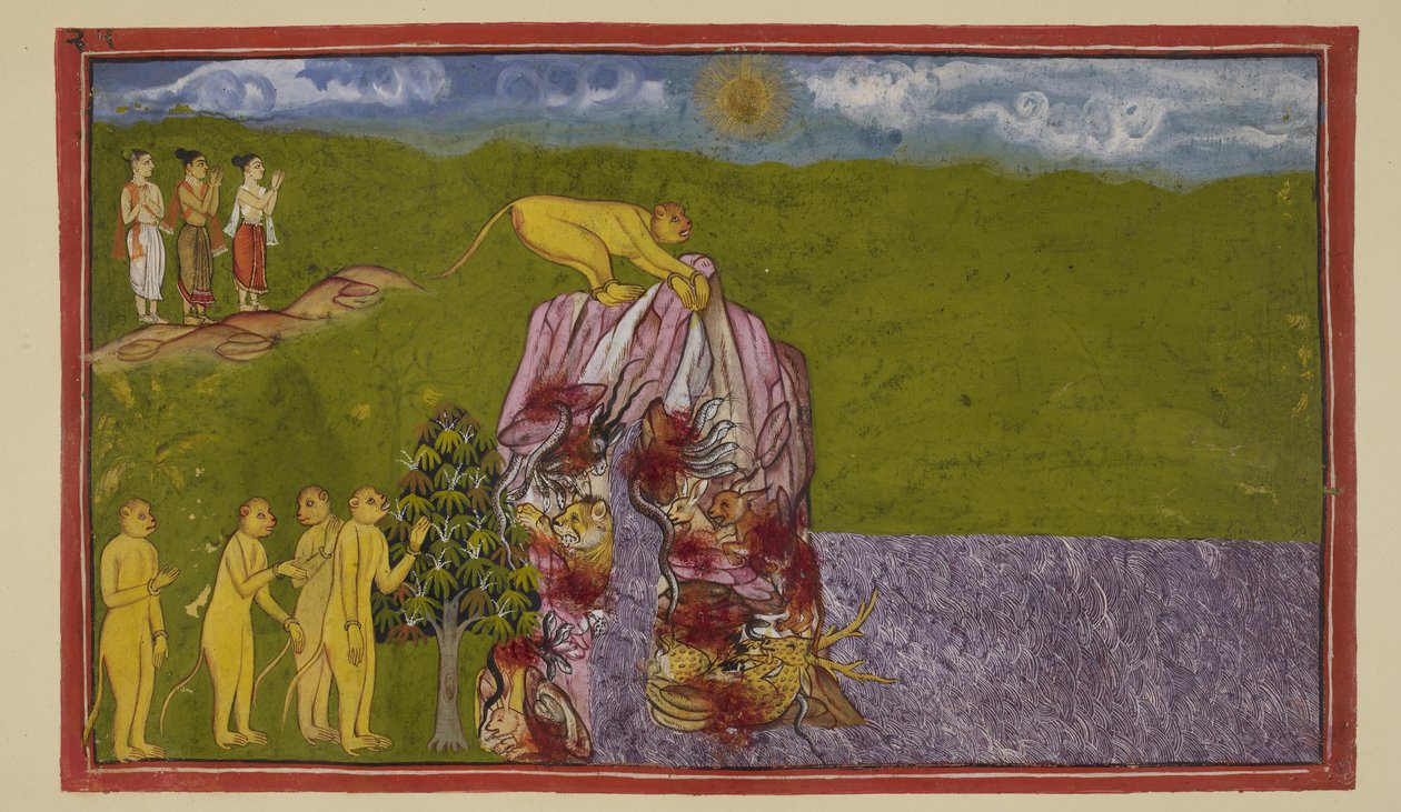 Dodaj 15296 (2) f.81r, Na brzegach wielkiego oceanu małpy były przerażone tym, jak mogą go przekroczyć, aby dotrzeć do La?k?. Angada zapytała ich wszystkich, jak daleko mogą skoczyć, ale nikt nie był pewien, że tak daleko skoczyć, dopóki Jambavan nie po autorstwa Indian School