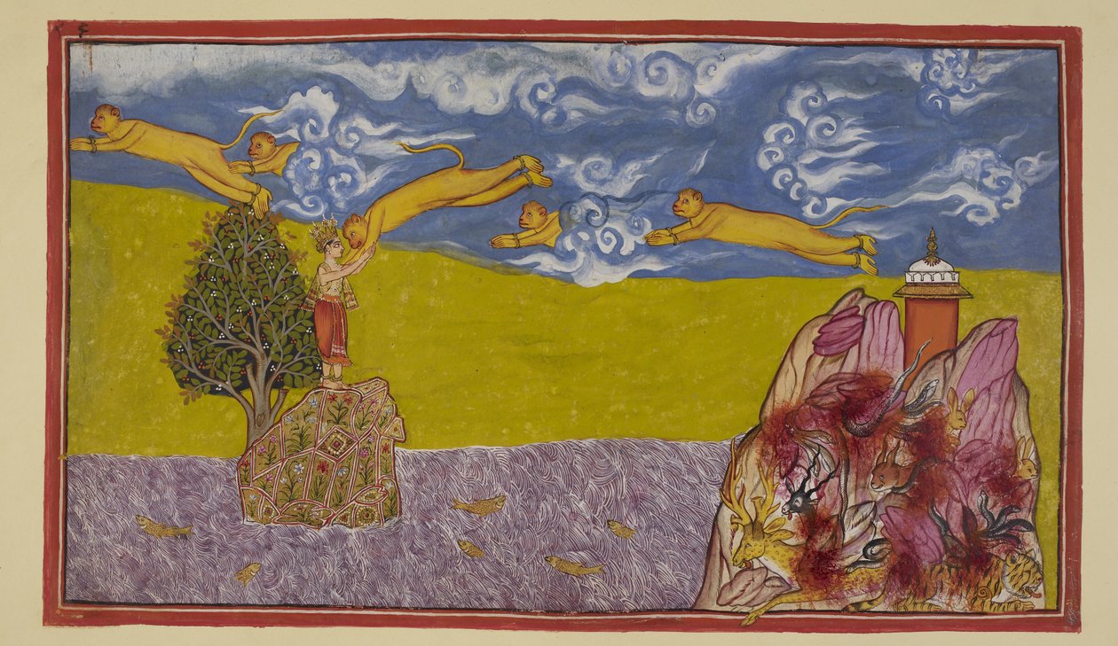 Dodaj 15296 (2) f.84r, Niezrażony szerokością oceanu, Hanuman pęcznieje do ogromnych rozmiarów i, używając wciąż płonącej góry Mahendra jako wyrzutni, rzuca się w kosmos i przez ocean do wyspiarskiego królestwa La ?k? . Ocean zachęca autorstwa Indian School