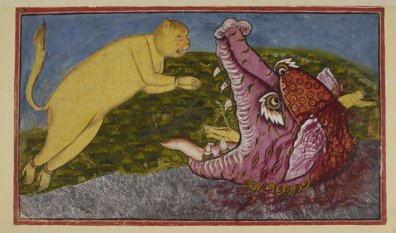 Dodaj 15296 (2) f.86r, Matka węży Surasa, która mieszka na dnie oceanu, naciskana przez bogów, by przetestować Hanumana, zamieniła się w wielkiego potwora morskiego z potężnymi szczękami, czerwonymi, fioletowy i kły. Bez względu na to, jak szeroko ją rozs autorstwa Indian School