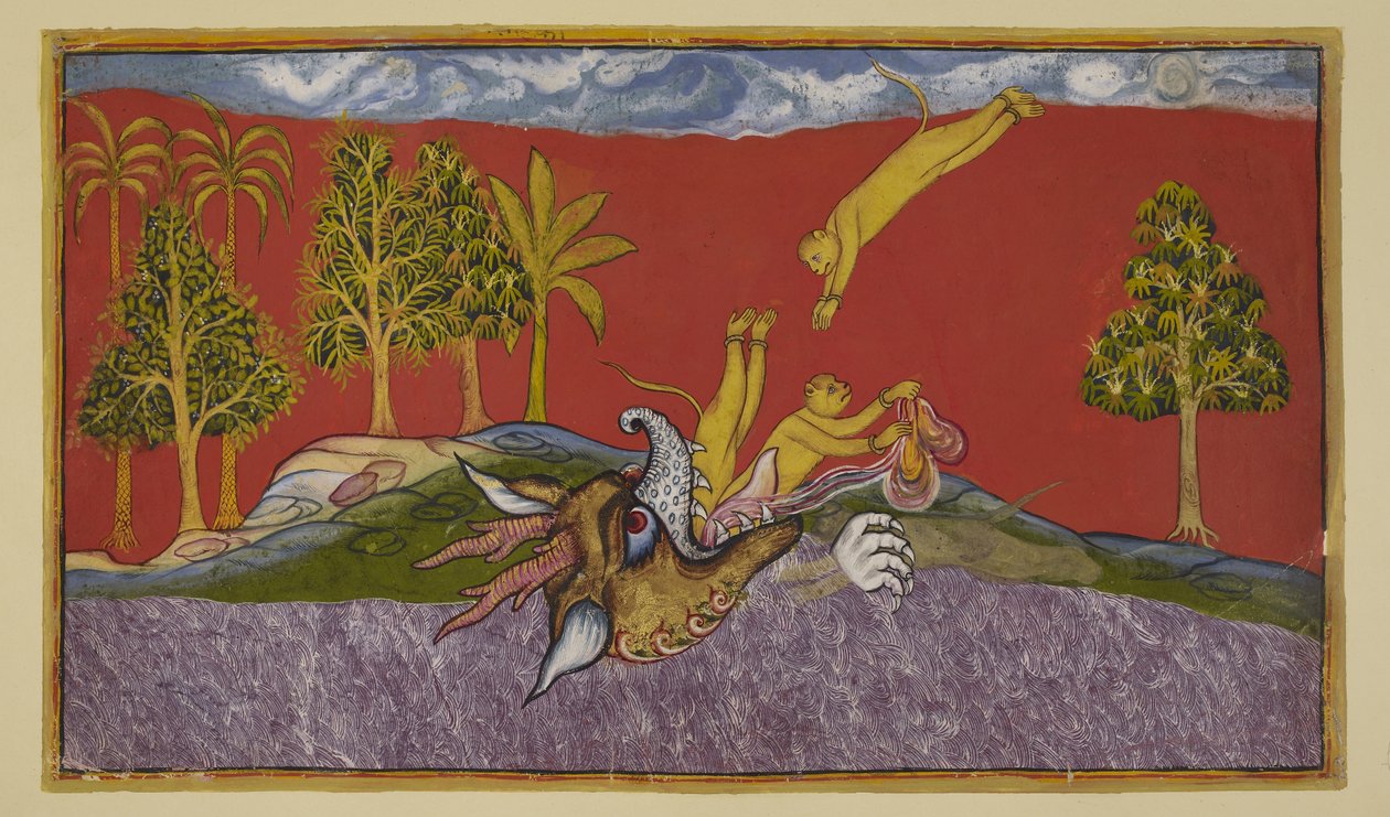 Dodaj 15296 (2) f.87r, Hanuman nurkuje w usta demonicznej Siṃhika autorstwa Indian School
