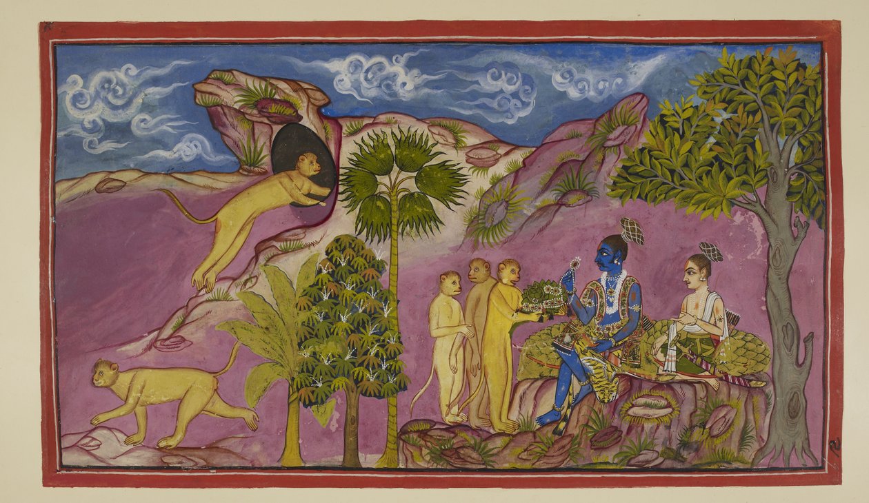 Dodaj 15296 (2) f.9r, Sugriva mówi Ramie, że widział Sitę uniesioną w rydwanie przez Ravanę, walczącą i wykrzykującą imiona Ramy i Laksmana. Widząc go na dole, opuściła swoje klejnoty i wierzchnią szatę. Sugriva biegnie do jaskini w autorstwa Indian School