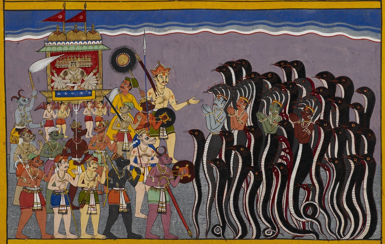 Dodaj 15297(2) f.43r Ravana schodzi do obszarów wodnych lub rasatala, piekła położonego na dnie oceanu. Vasuki, bóg wody i nagi są przedstawieni ze złożonymi rękami, ujarzmiani przez Ravanę w swoim rydwanie otoczonym przez demo autorstwa Indian School