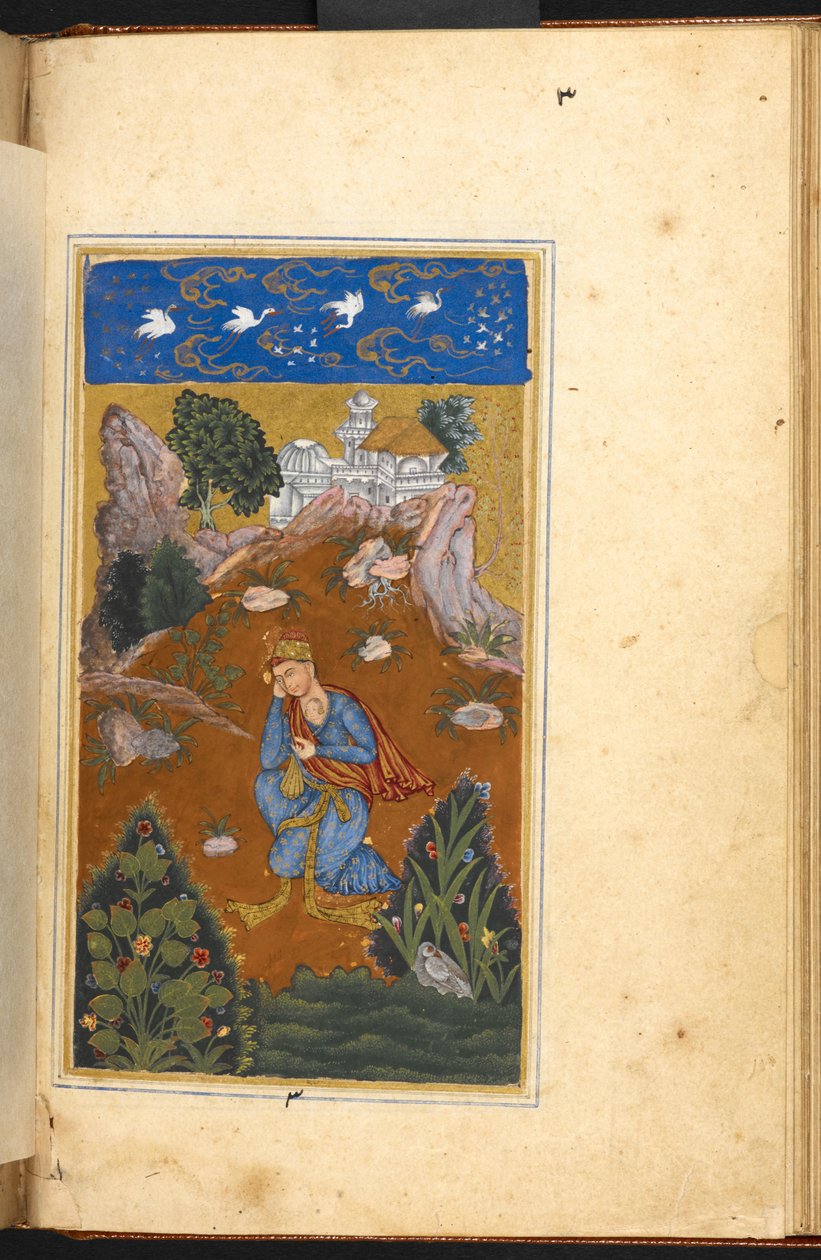 Dodać. 16880, f.49v, Shahji wędruje w poszukiwaniu ukochanego Mahjiego, którego wizerunek jest zakorzeniony w jego sercu, Ręka A, Bijapur autorstwa Indian School