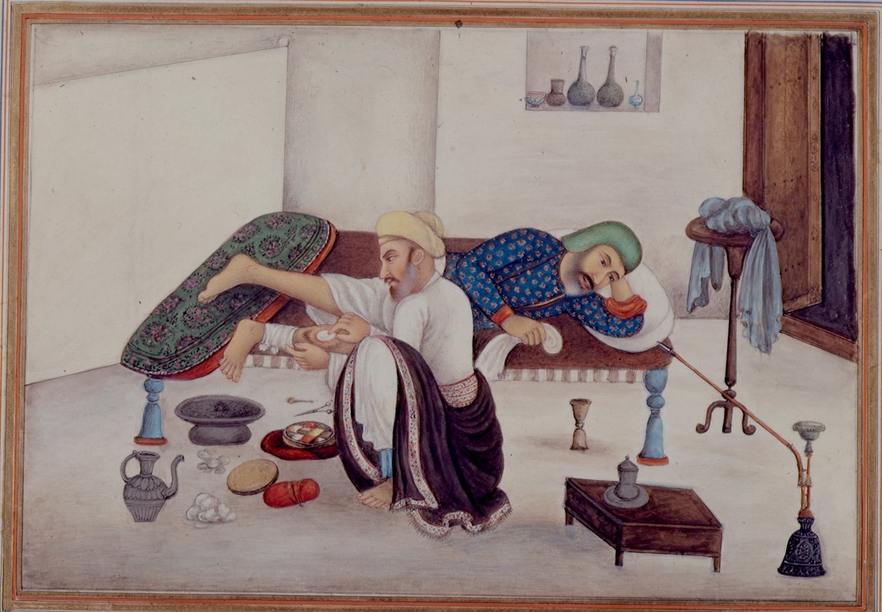 Dodaj 27255 fol.219v Chirurg z pacjentem, z „Tashrih al-aqvam” opracowanej przez pułkownika Jamesa Skinnera (1778-1841) 1825 (gwasz na papierze) autorstwa Indian School