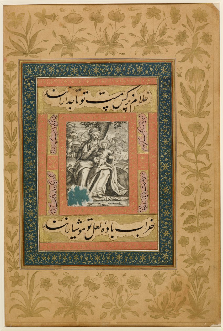 Dodać. Lub. MS 3129 f.43r Europejska rycina przedstawiająca Dziewicę z Dzieciątkiem podczas ucieczki do Egiptu, ilustracja z albumu "Dara Shikoh", ok. 1640 (rycina kolorem, gwaszem i złotem na papierze) autorstwa Indian School