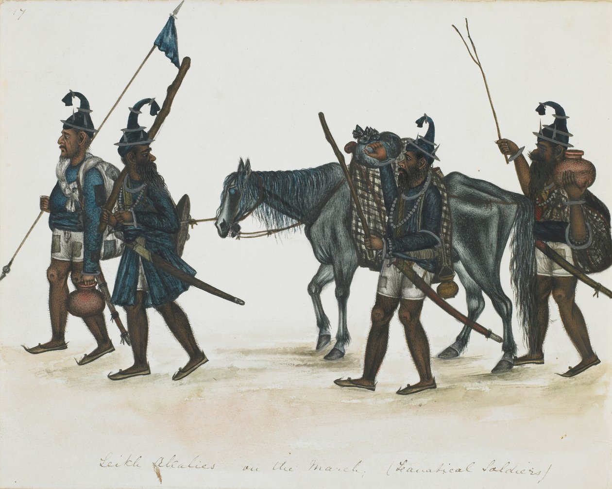 Akali Sikhowie w marcu, ok. 1850 (nieprzezroczysta akwarela na papierze) autorstwa Indian School