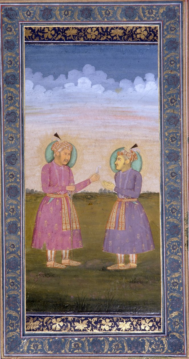 Akbar wręcza wysadzane klejnotami pióro swojemu synowi Jahangirowi, ok. 1845 (nieprzezroczysta toaleta i złoto na papierze) autorstwa Indian School