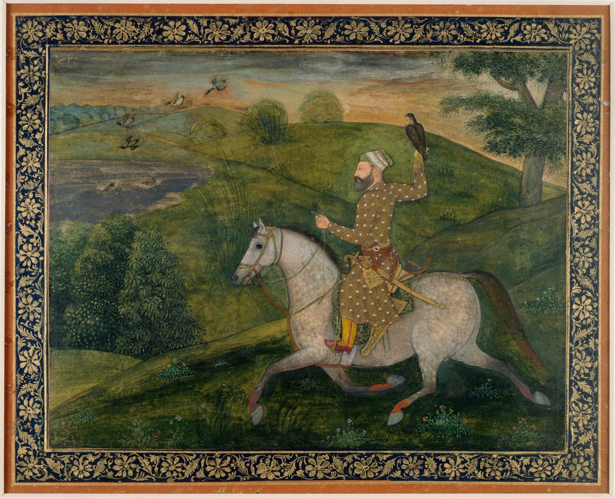 Alivardi Khan Goes Hawking (gwasz na papierze) autorstwa Indian School
