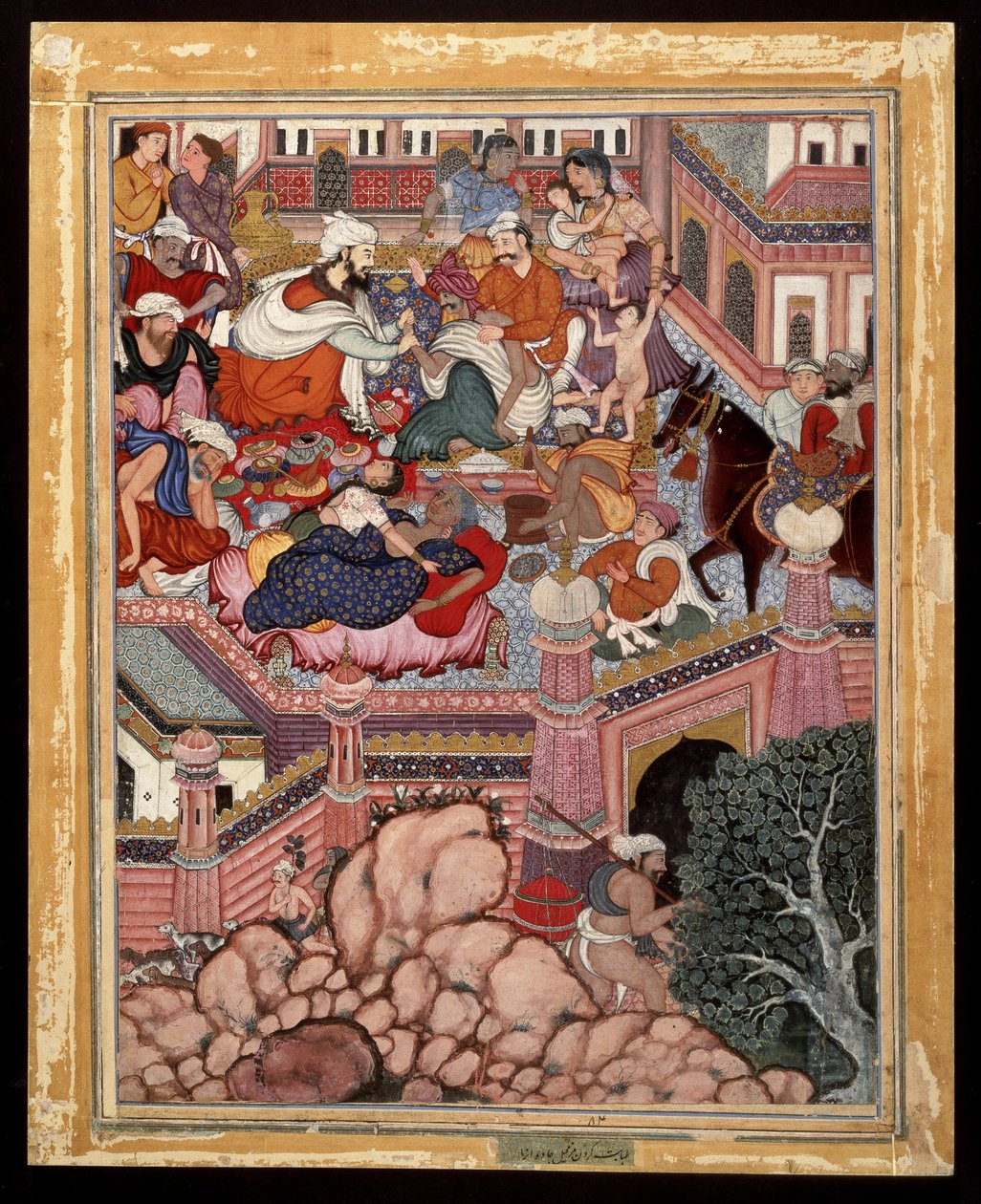Amr, przebrany za chirurga Mazmahila, praktykuje szarlatanerię na czarodziejach z Antali, ca. 1570 (nieprzezroczysta akwarela i złoto na bawełnie) autorstwa Indian School