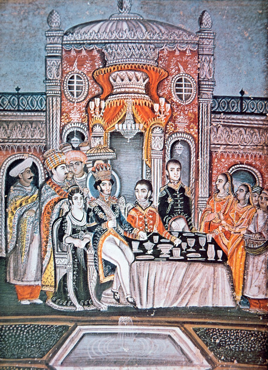 Indyjski książę zabawia brytyjskich urzędników, ok. 1810 (gwasz na papierze) autorstwa Indian School